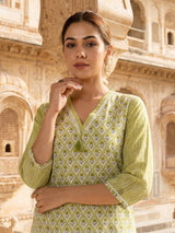 Mehendi green floral cotton kurti set with dupatta
