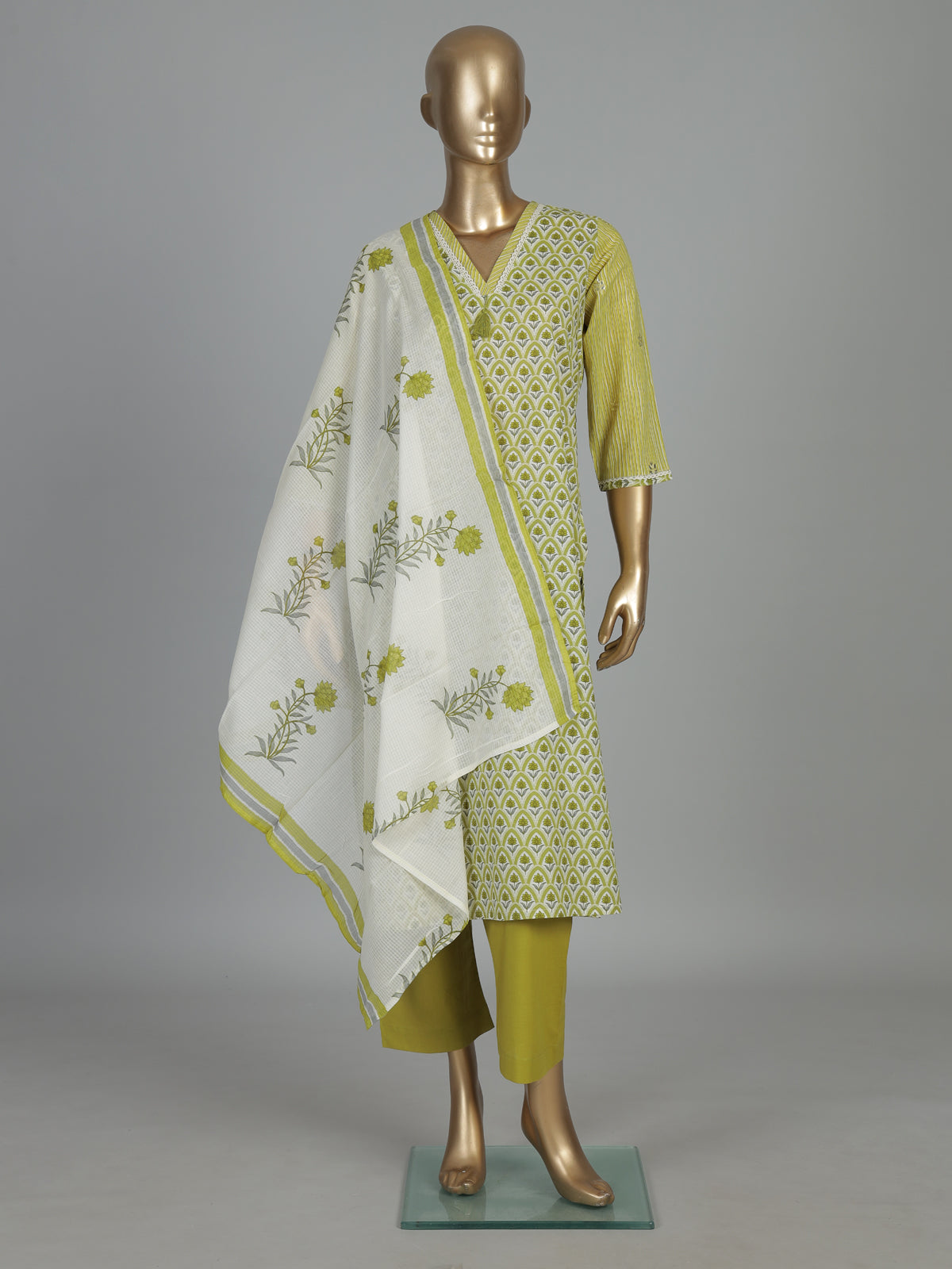 Mehendi green floral cotton kurti set with dupatta