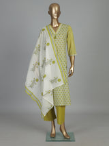 Mehendi green floral cotton kurti set with dupatta