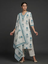 White and blue floral cotton kurti set with dupatta charm
