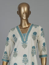 White and blue floral cotton kurti set with dupatta charm