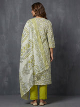 Lime green floral cotton kurti set with dupatta style