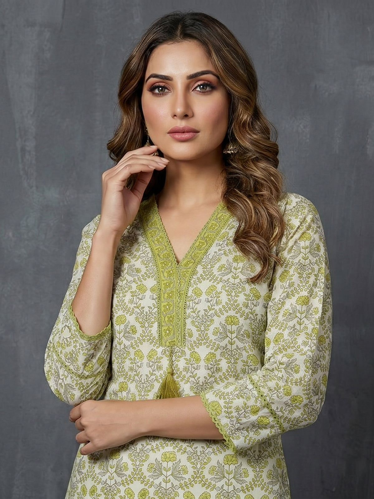 Lime green floral cotton kurti set with dupatta style