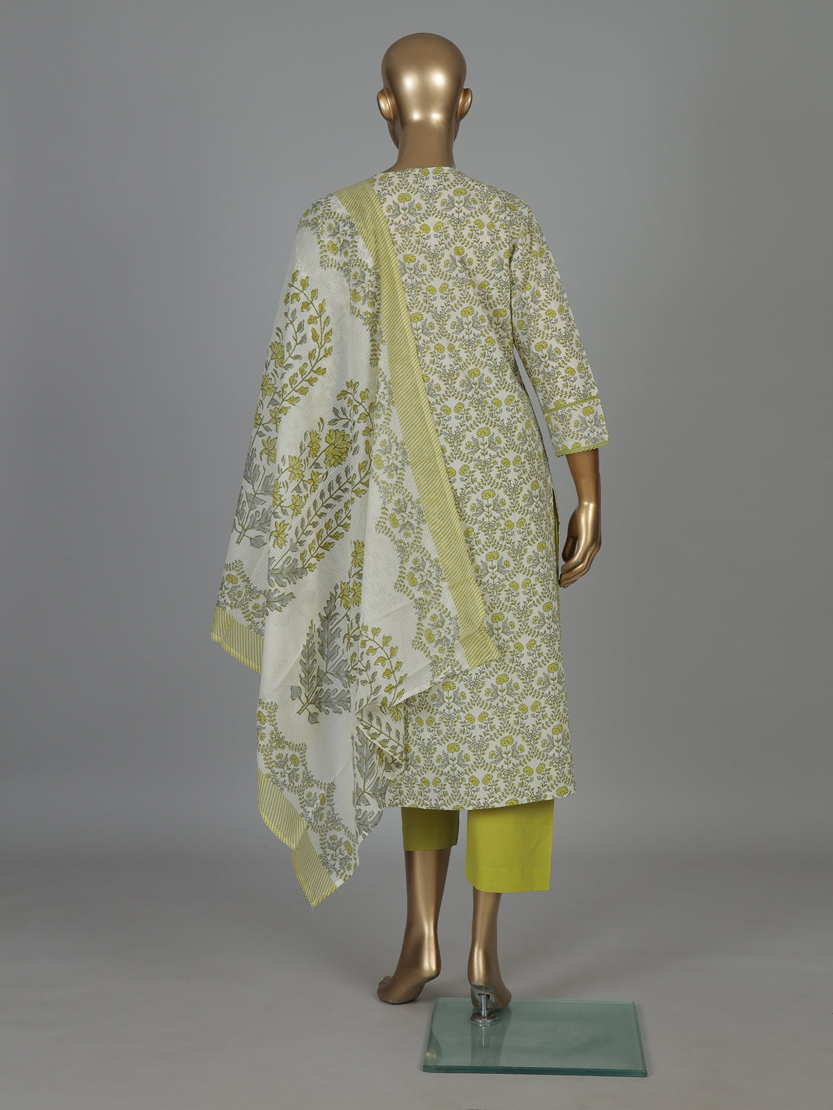 Lime green floral cotton kurti set with dupatta style