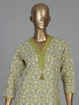 Lime green floral cotton kurti set with dupatta style