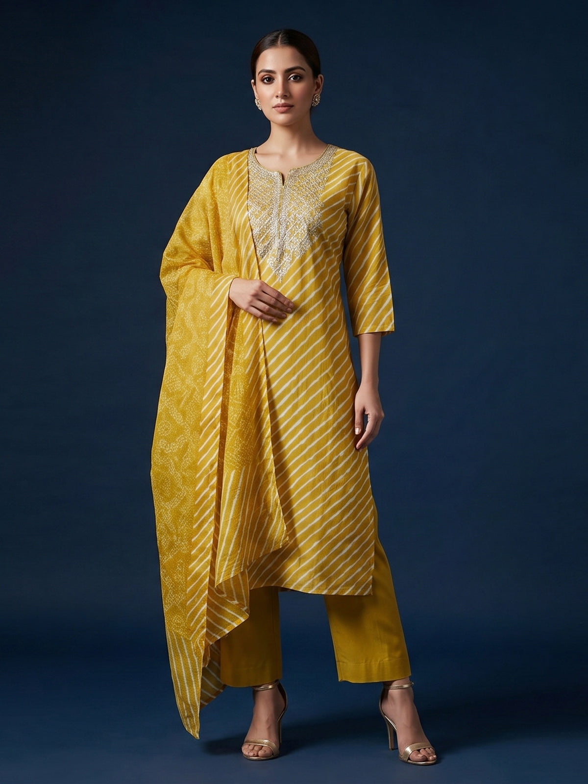 Mustard yellow cotton silk kurti set with yoke elegance