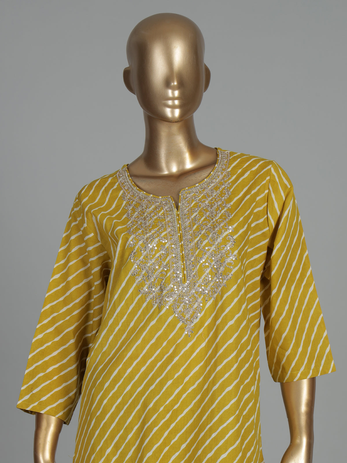 Mustard yellow cotton silk kurti set with yoke elegance