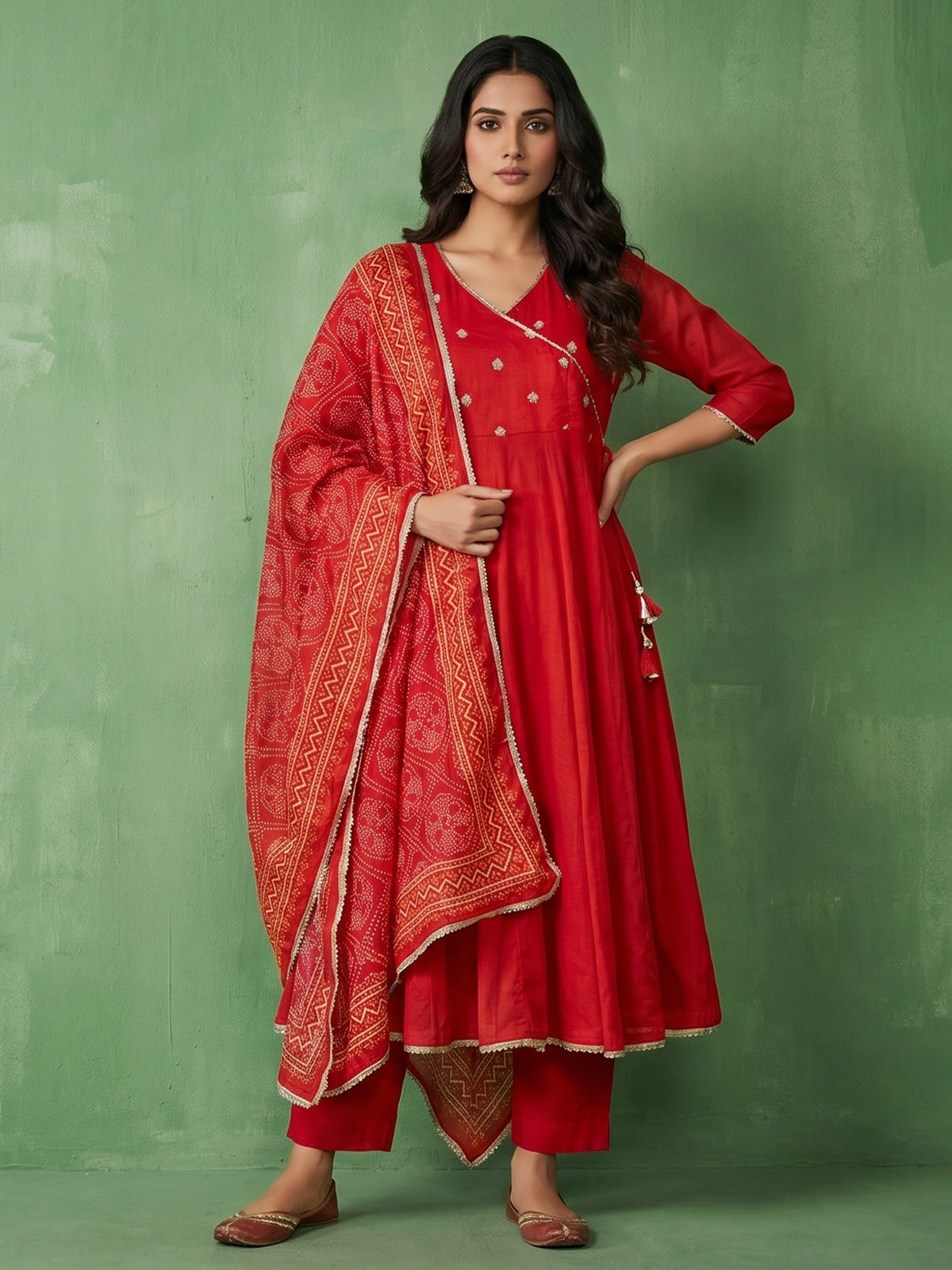Red cotton silk kurti set with dupatta