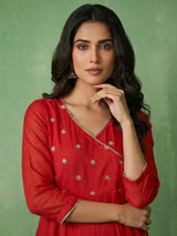 Red cotton silk kurti set with dupatta