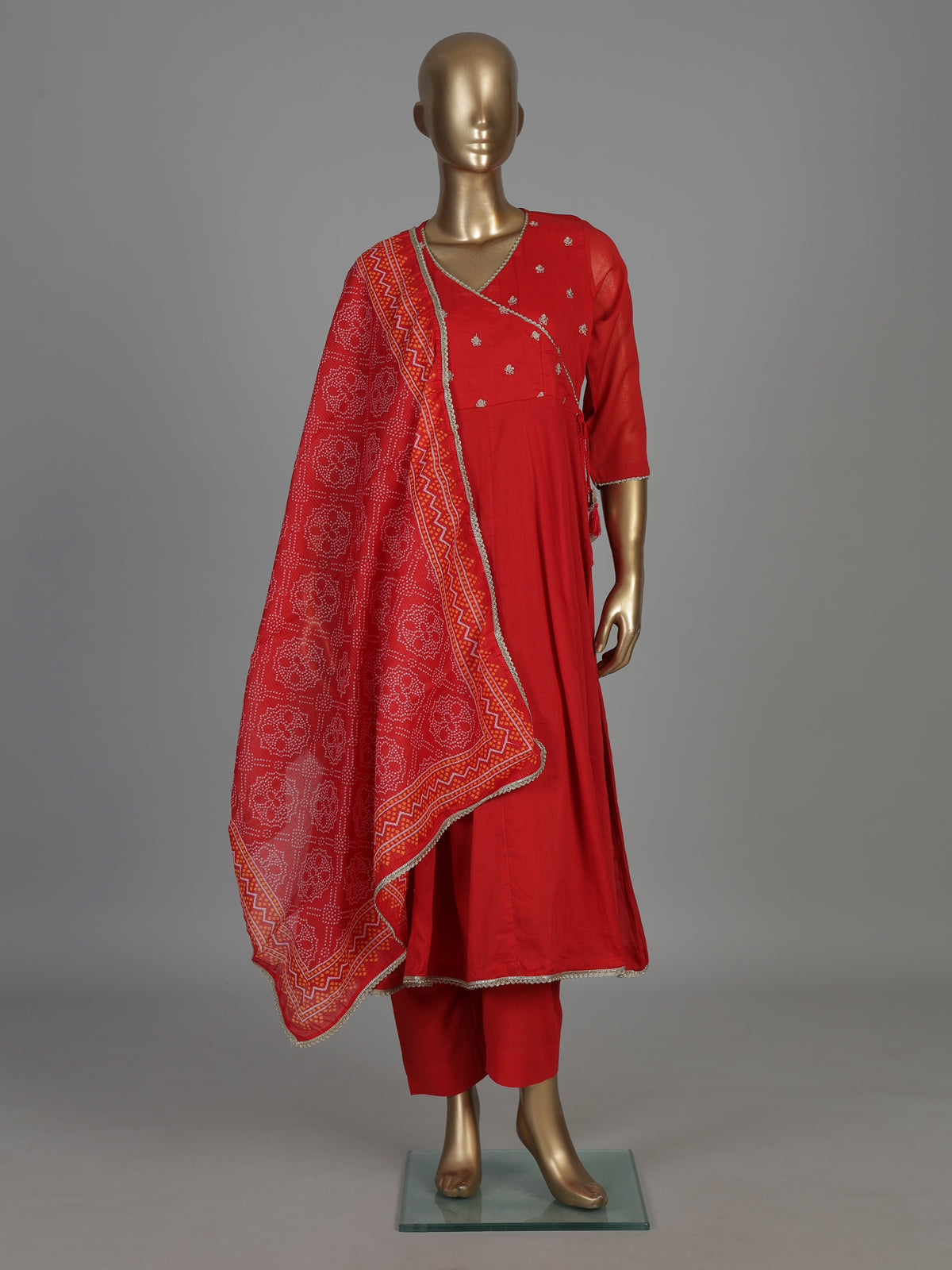 Red cotton silk kurti set with dupatta
