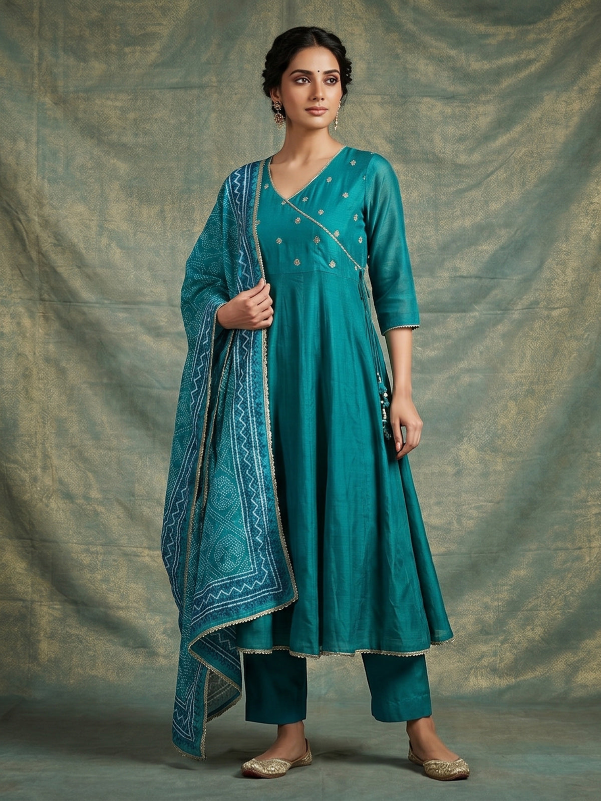 Rama green resham sequins kurti set with printed dupatta