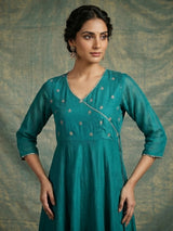Rama green resham sequins kurti set with printed dupatta