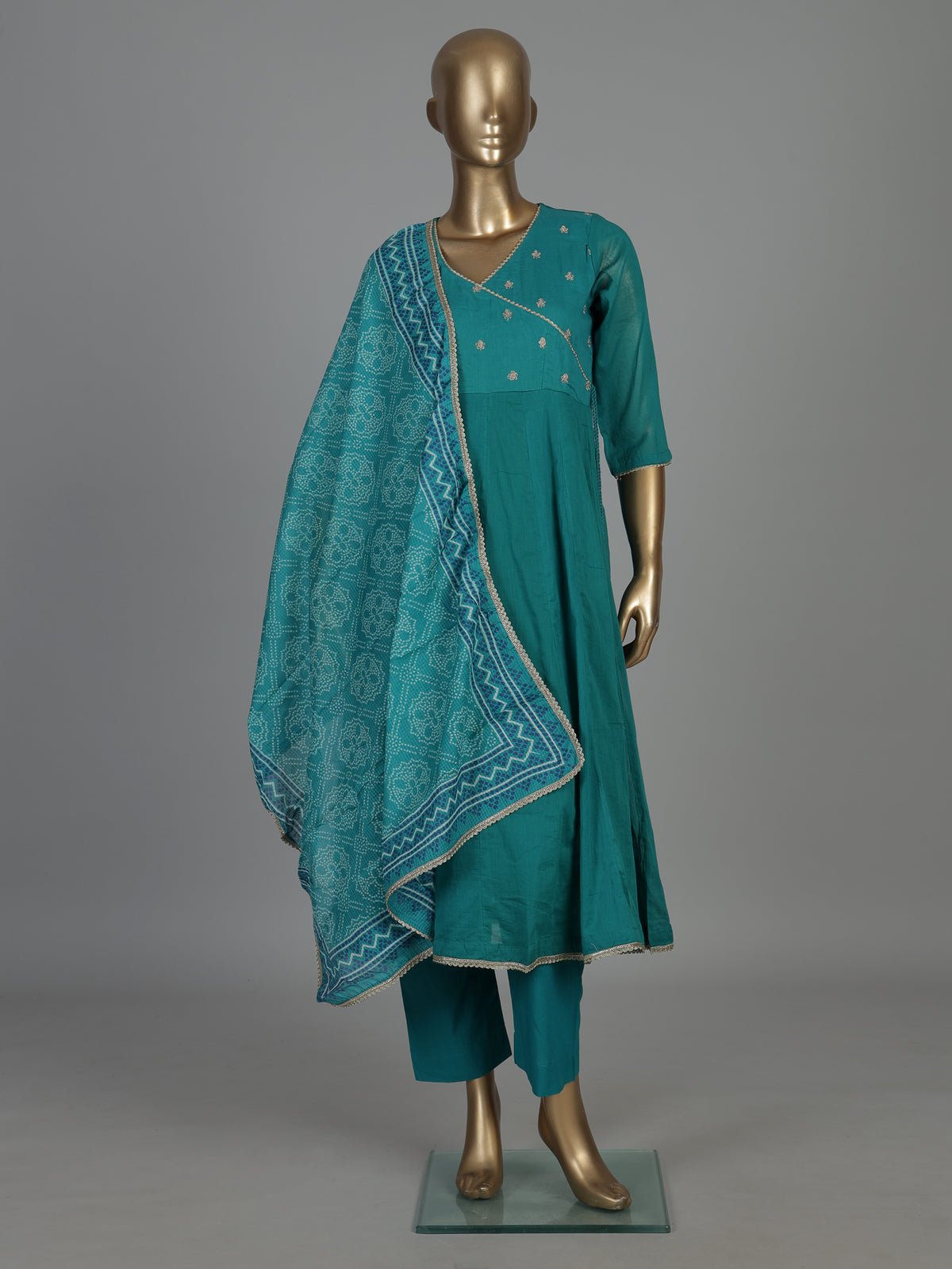 Rama green resham sequins kurti set with printed dupatta