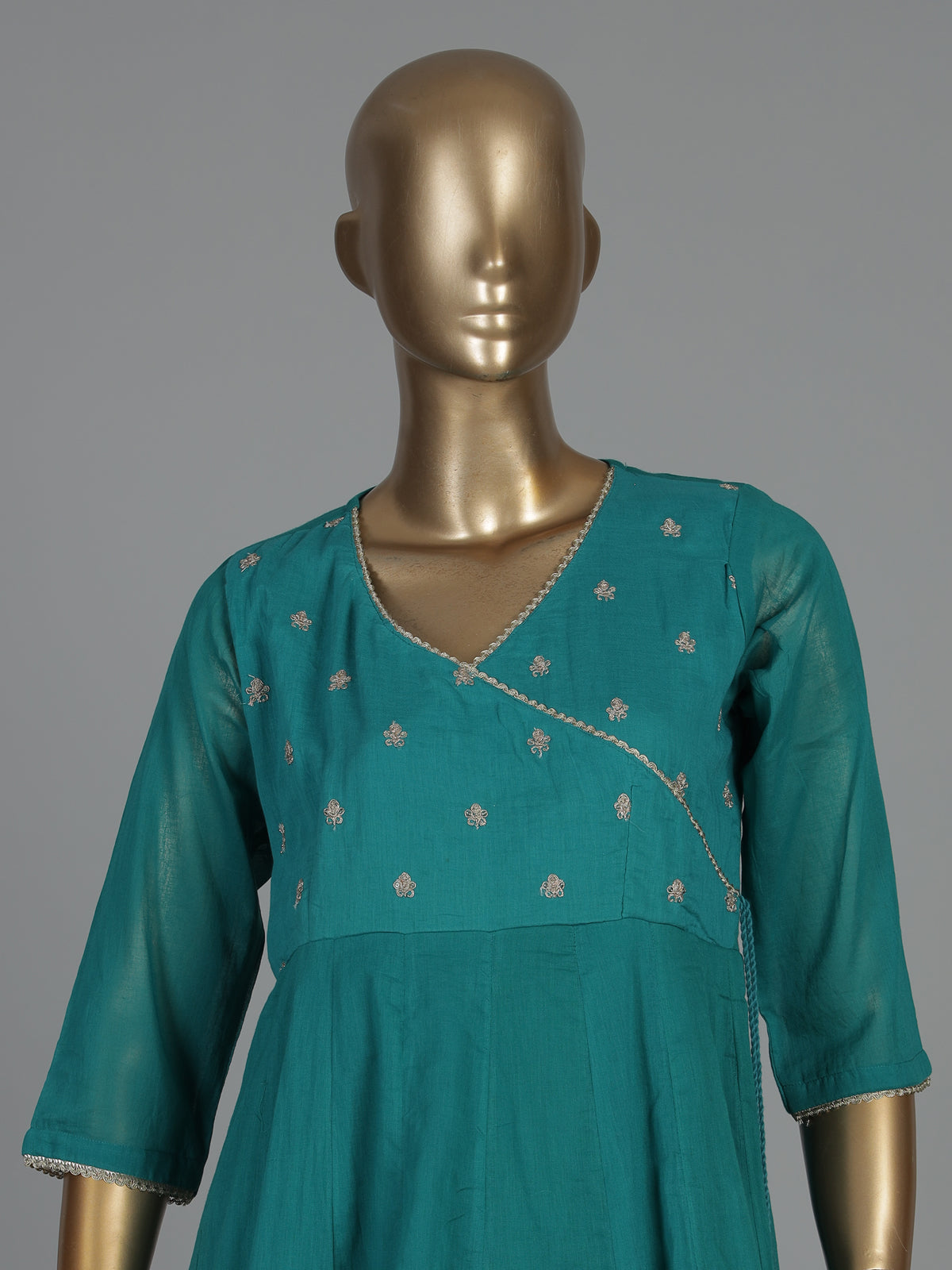 Rama green resham sequins kurti set with printed dupatta