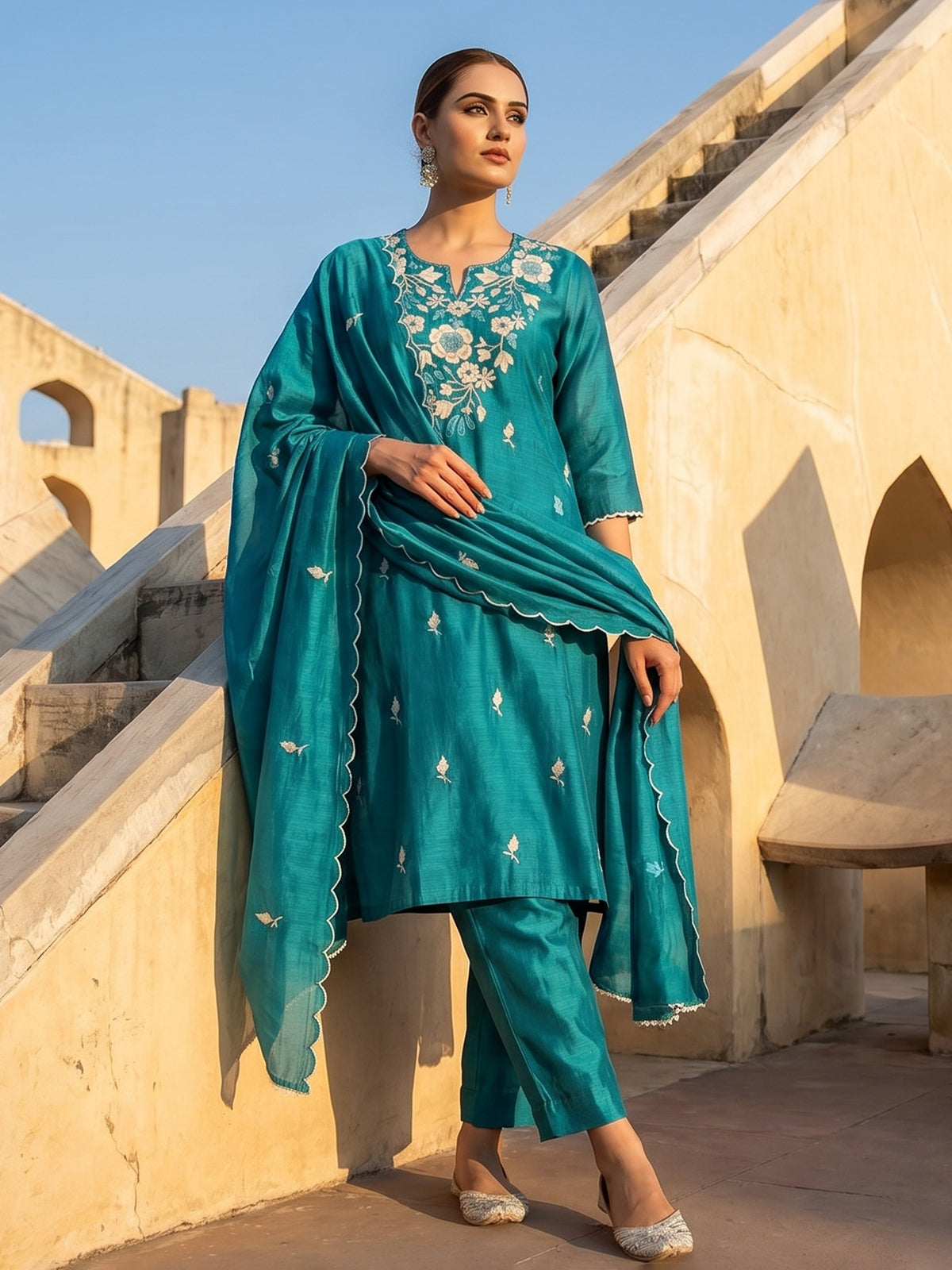 Rama green embroidered silk kurti set with elegant dupatta
