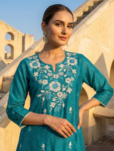 Rama green embroidered silk kurti set with elegant dupatta