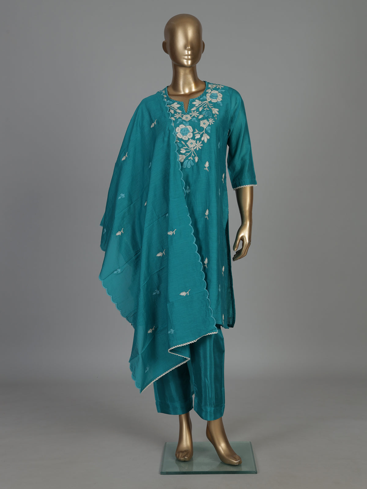 Rama green embroidered silk kurti set with elegant dupatta