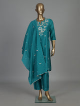 Rama green embroidered silk kurti set with elegant dupatta