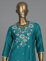 Rama green embroidered silk kurti set with elegant dupatta