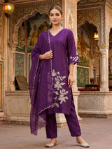 Purple floral embroidered silk kurti set with dupatta style
