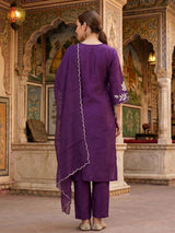 Purple floral embroidered silk kurti set with dupatta style