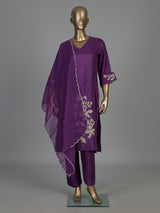 Purple floral embroidered silk kurti set with dupatta style