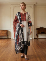 White and black aabla work silk kurti set with dupatta