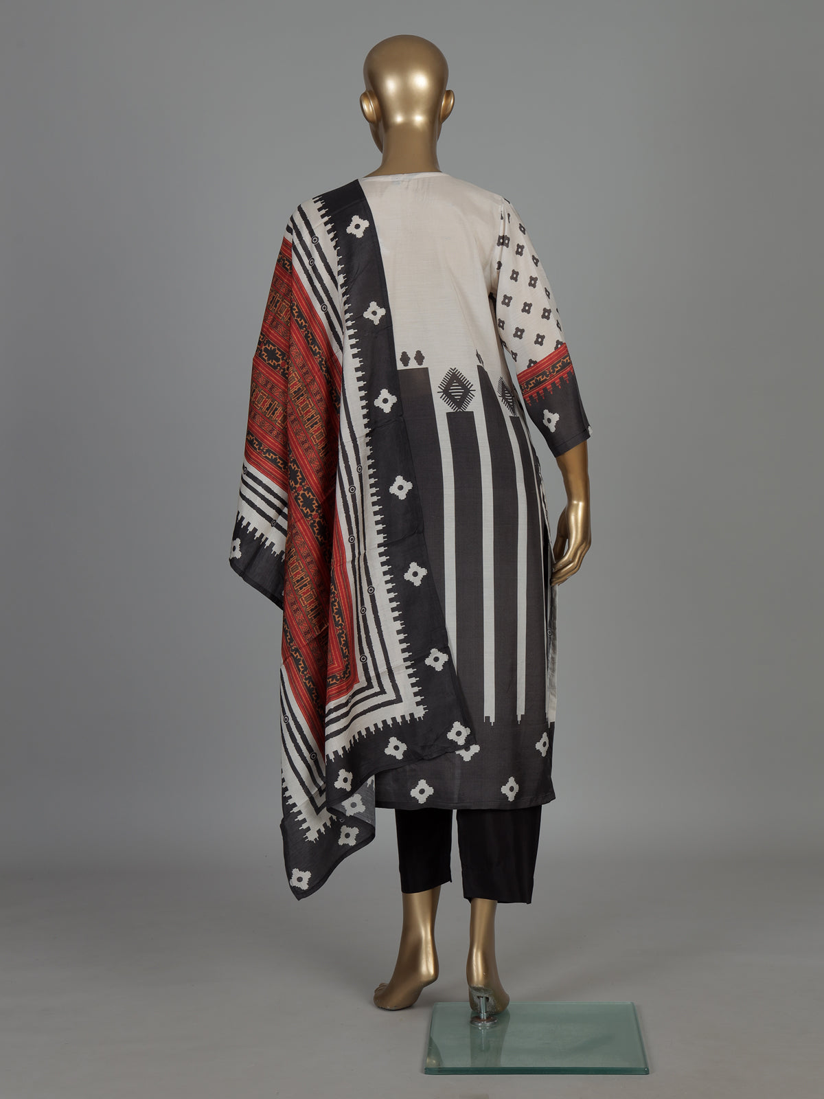 White and black aabla work silk kurti set with dupatta
