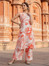 Off white and orange floral silk kurti palazzo festive ensemble