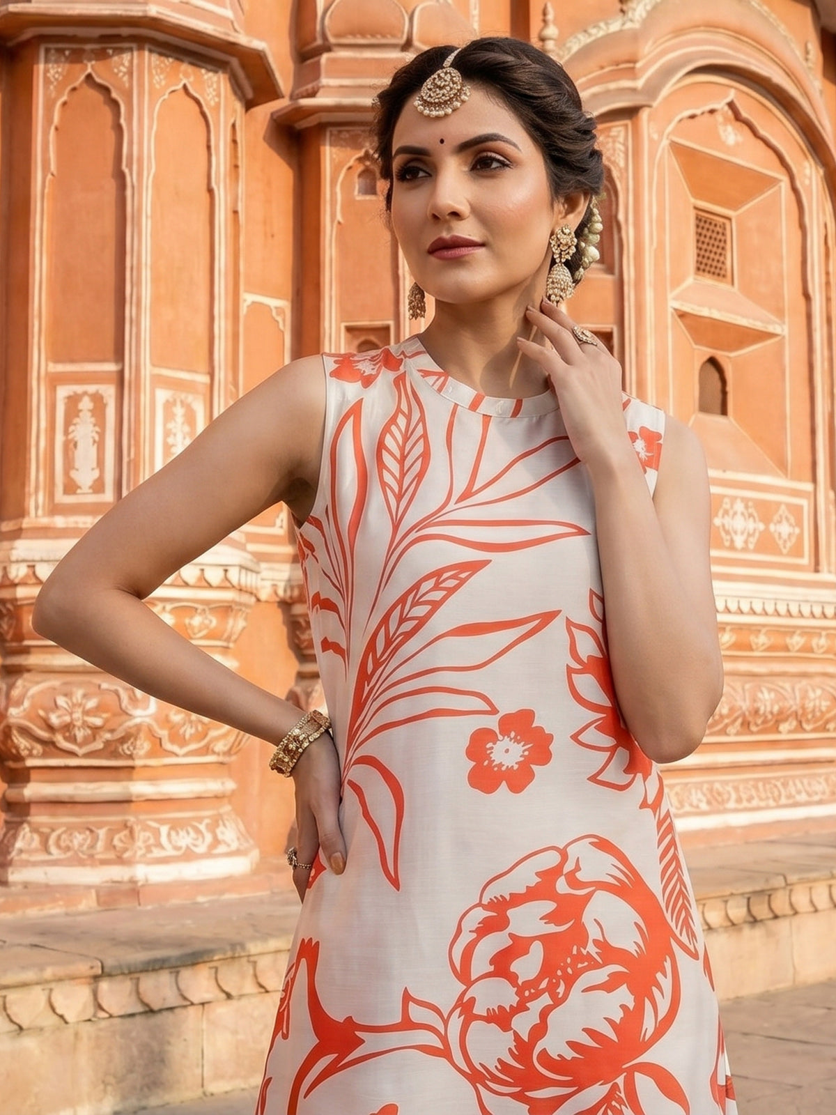 Off white and orange floral silk kurti palazzo festive ensemble