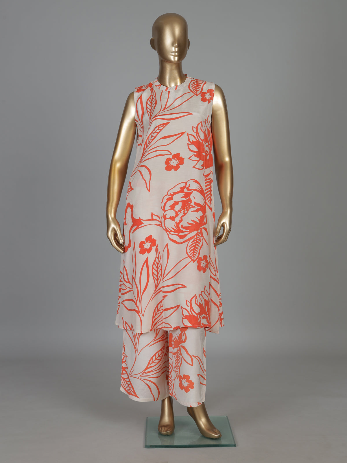 Off white and orange floral silk kurti palazzo festive ensemble
