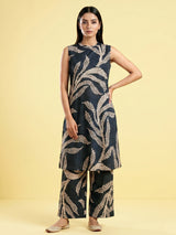 Navy blue printed silk kurti palazzo set for chic look