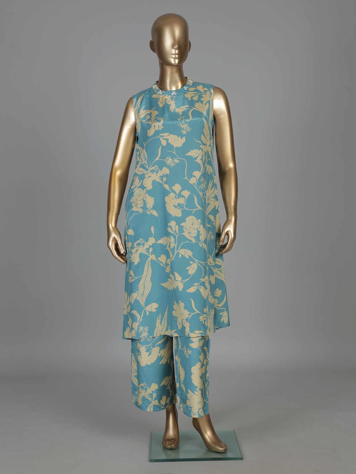Sky blue floral silk kurti palazzo set with modern style