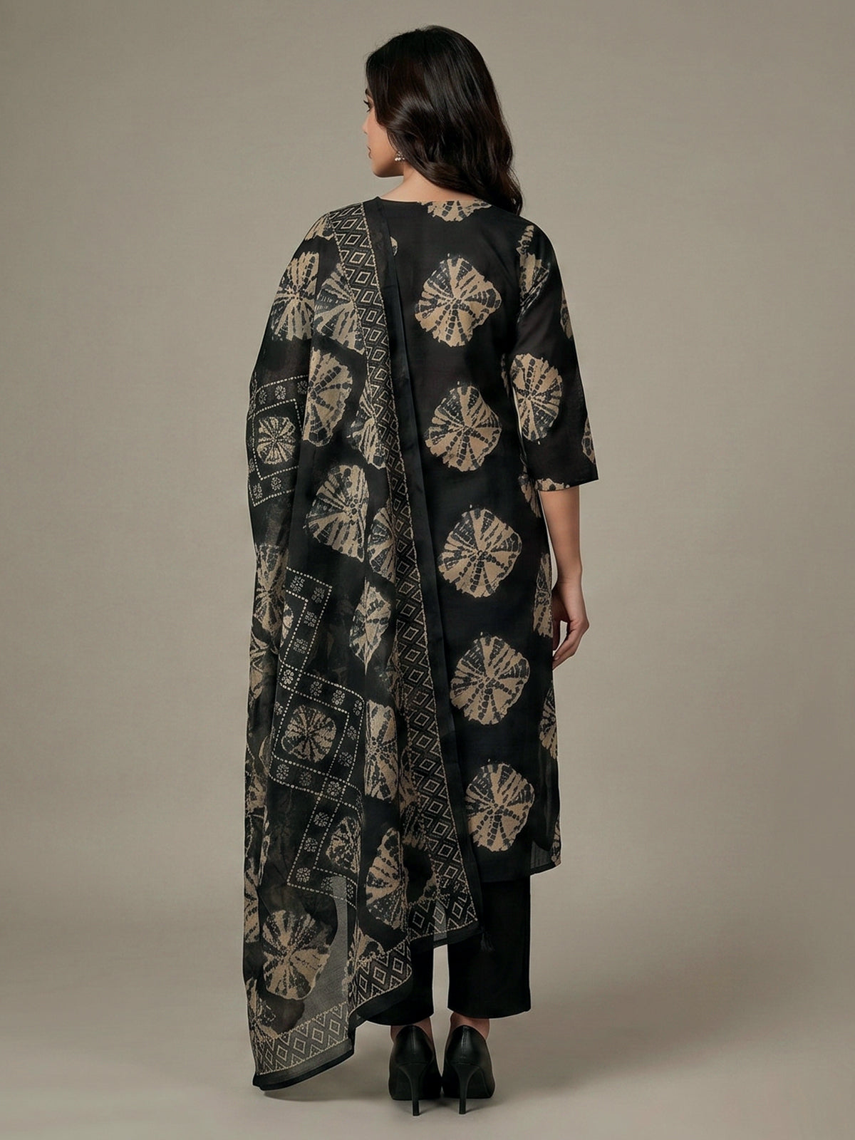 Black printed cotton silk kurti set with dupatta charm