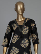 Black printed cotton silk kurti set with dupatta charm
