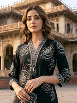 Black floral cotton kurti set with dupatta elegance