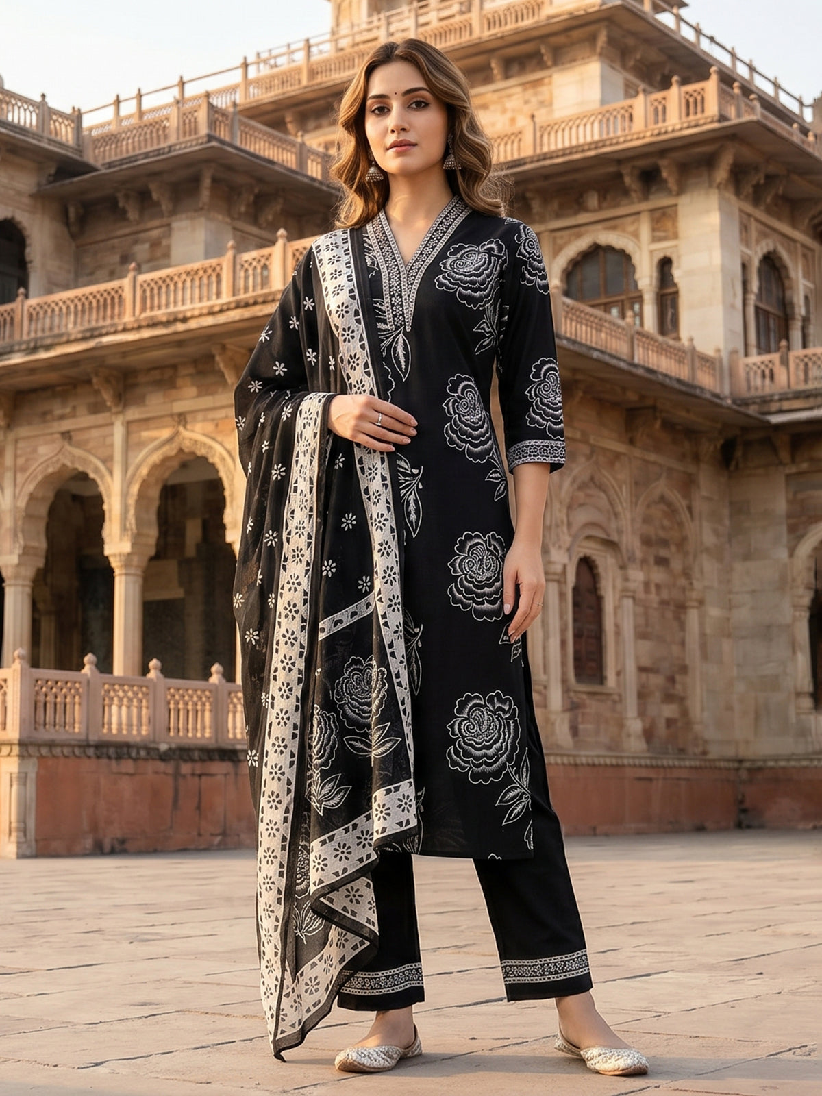 Black floral cotton kurti set with dupatta elegance