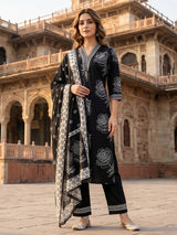 Black floral cotton kurti set with dupatta elegance
