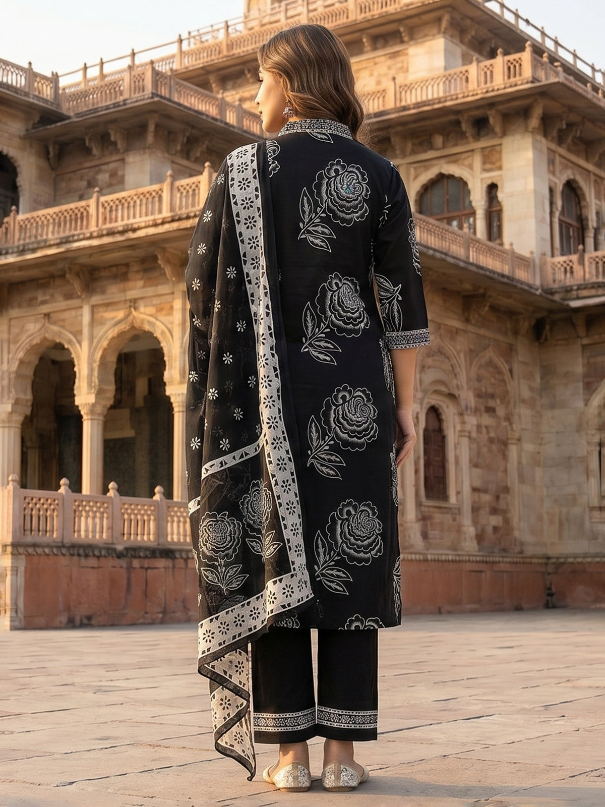 Black floral cotton kurti set with dupatta elegance