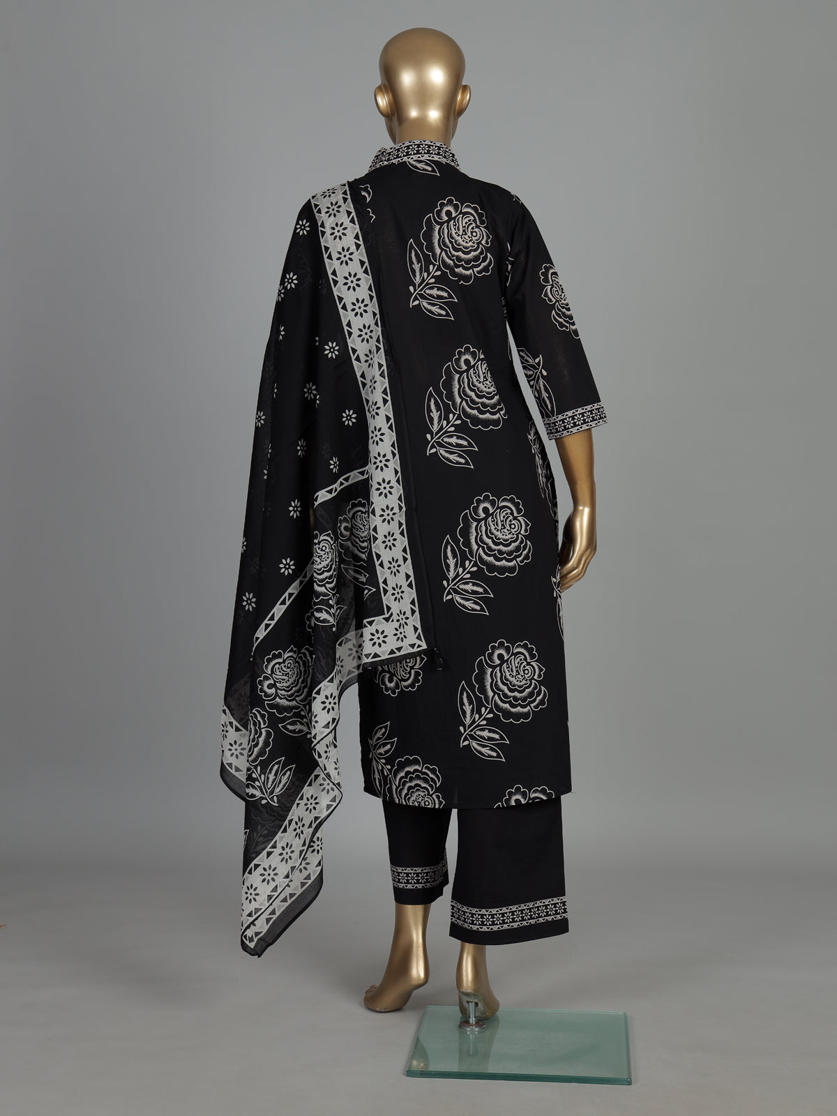 Black floral cotton kurti set with dupatta elegance