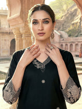 Black silk floral kurti set with embroidered neck work