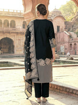 Black silk floral kurti set with embroidered neck work