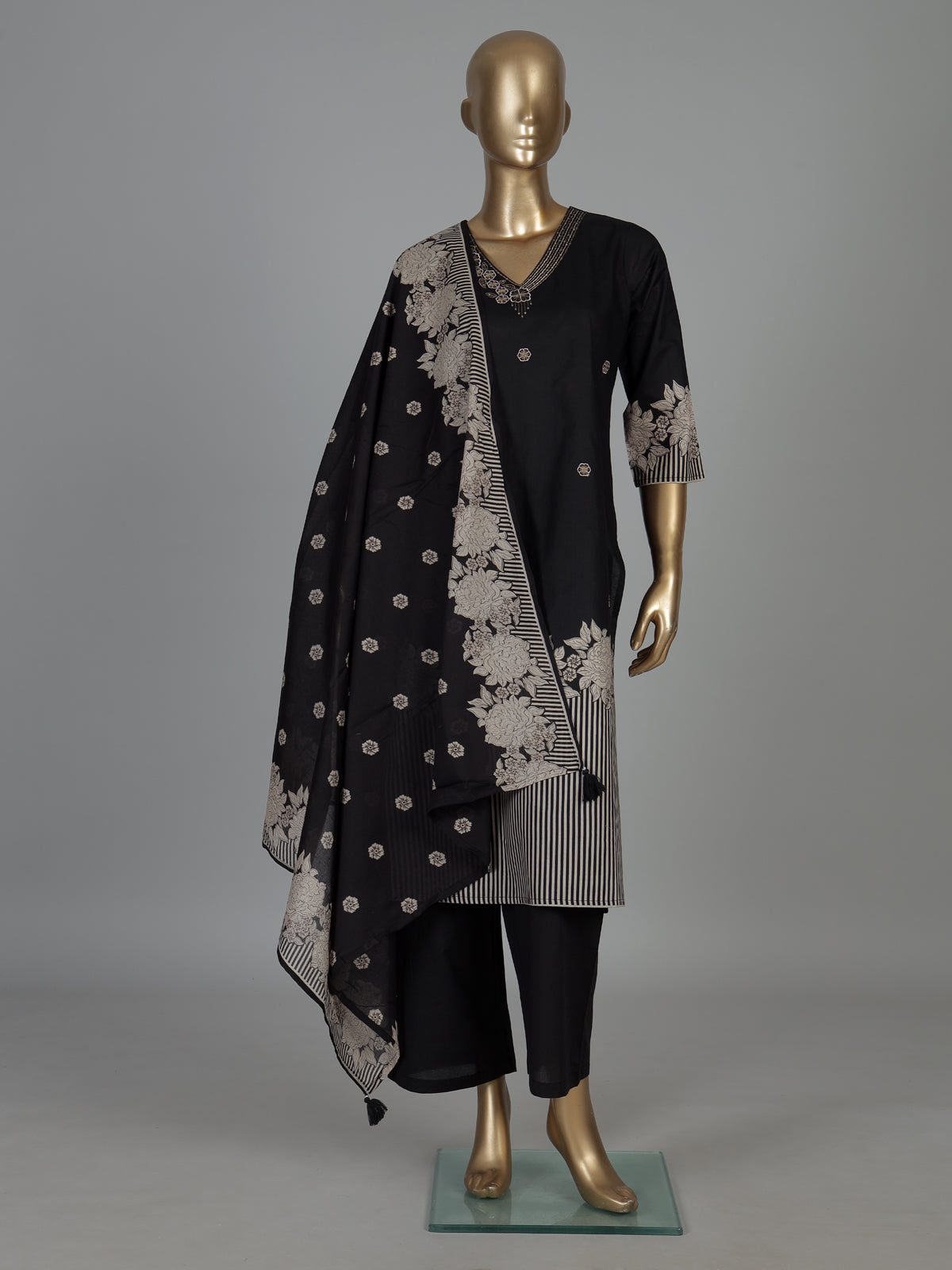 Black silk floral kurti set with embroidered neck work