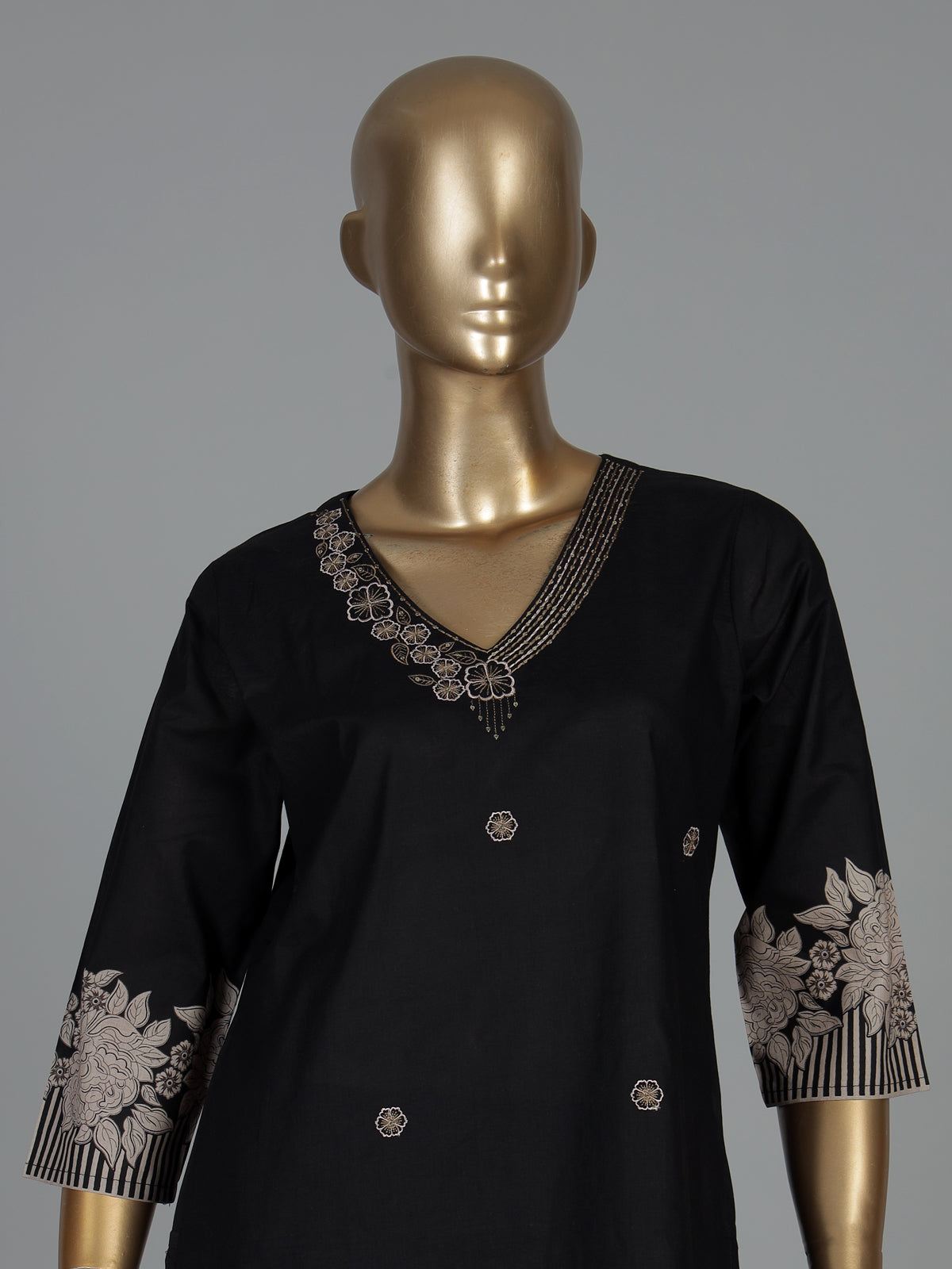Black silk floral kurti set with embroidered neck work