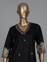 Black silk floral kurti set with embroidered neck work