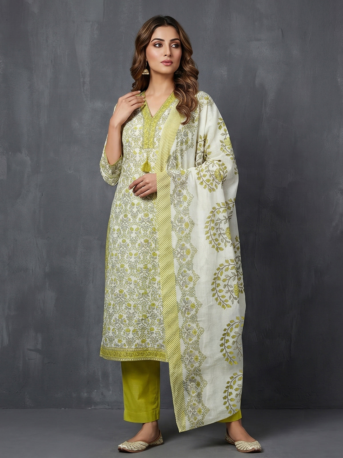 Lime green floral cotton kurti set with dupatta style