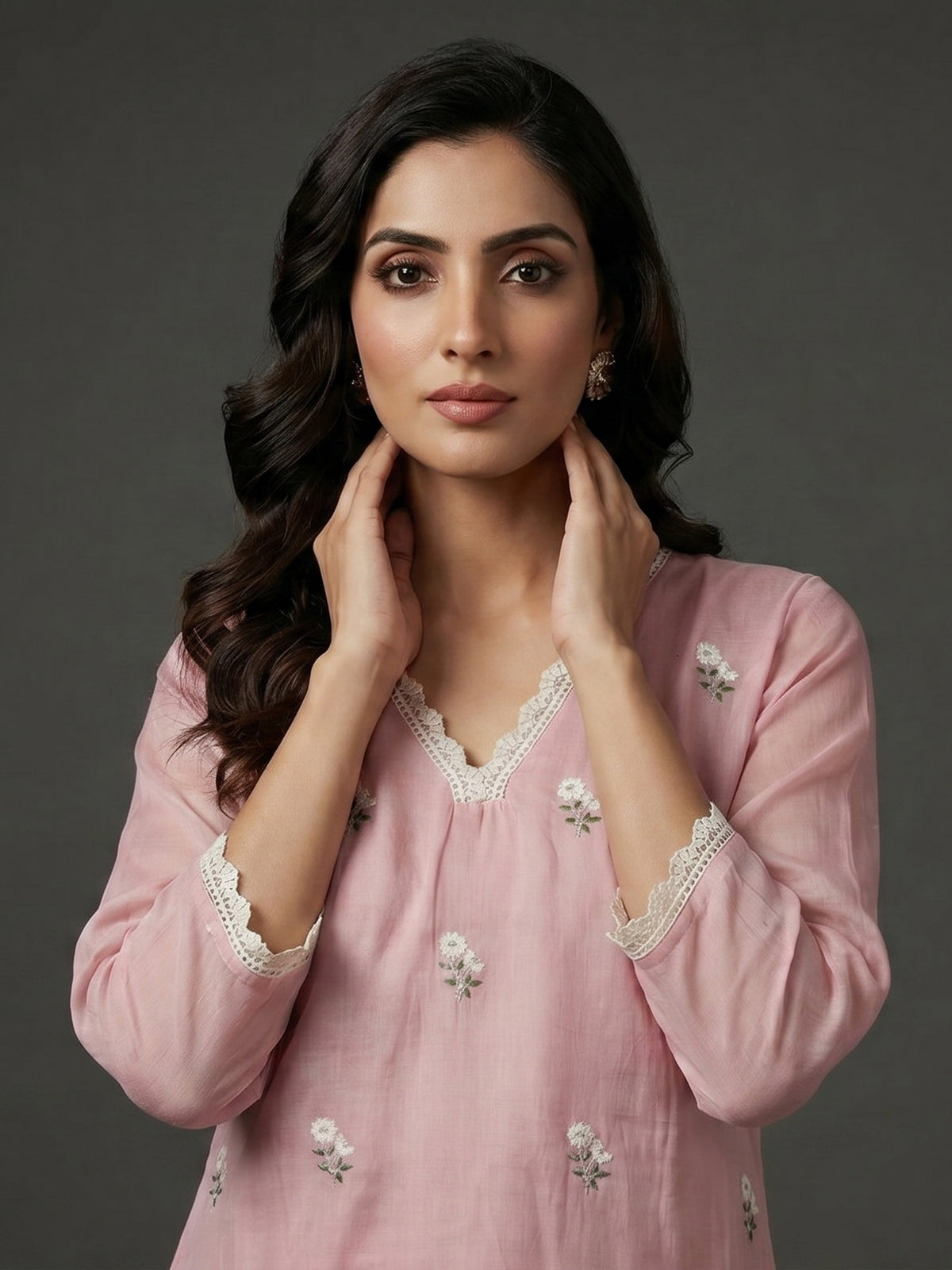 Dusty pink cotton tissue kurti set with embroidered style