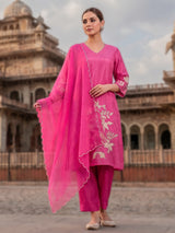 Rani pink silk kurti set with embroidered dupatta style