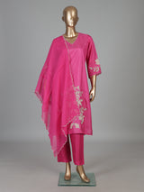Rani pink silk kurti set with embroidered dupatta style