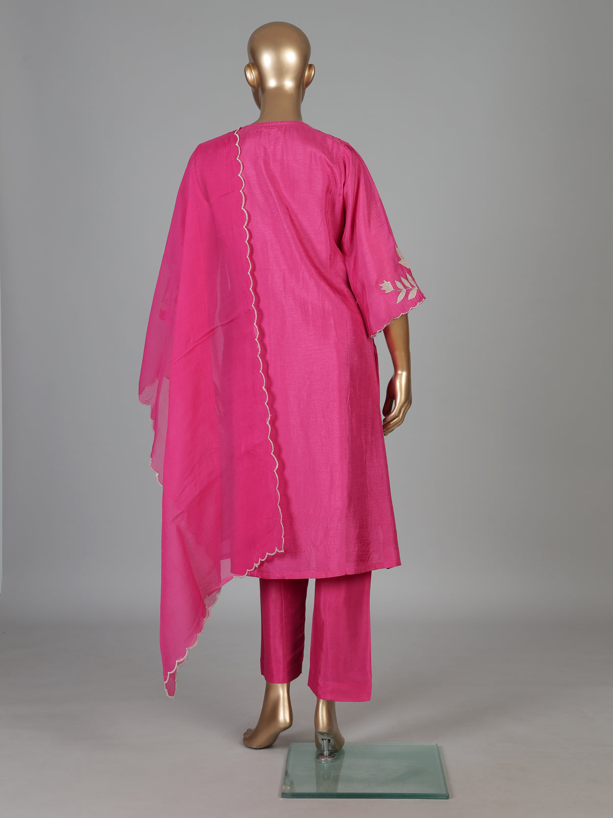 Rani pink silk kurti set with embroidered dupatta style